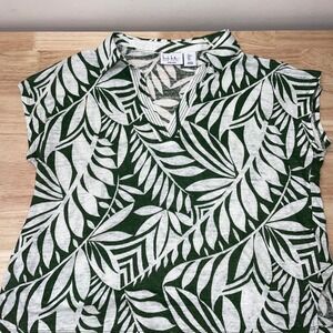 Nicole Miller New York Womens Large Green White Palm Leaf 100% Linen V-Neck Top